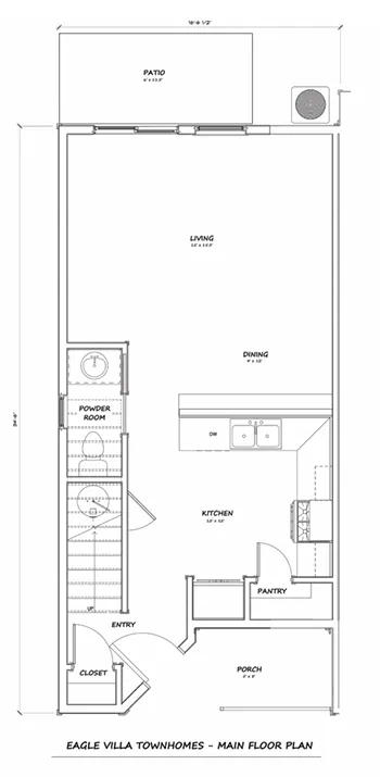Eagle Villa main floor plan - living, dining, kitchen, powder room, and patio