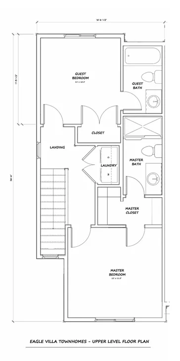 Eagle Villa upper level floor plan - master bedroom, guest bedroom, two baths, and laundry