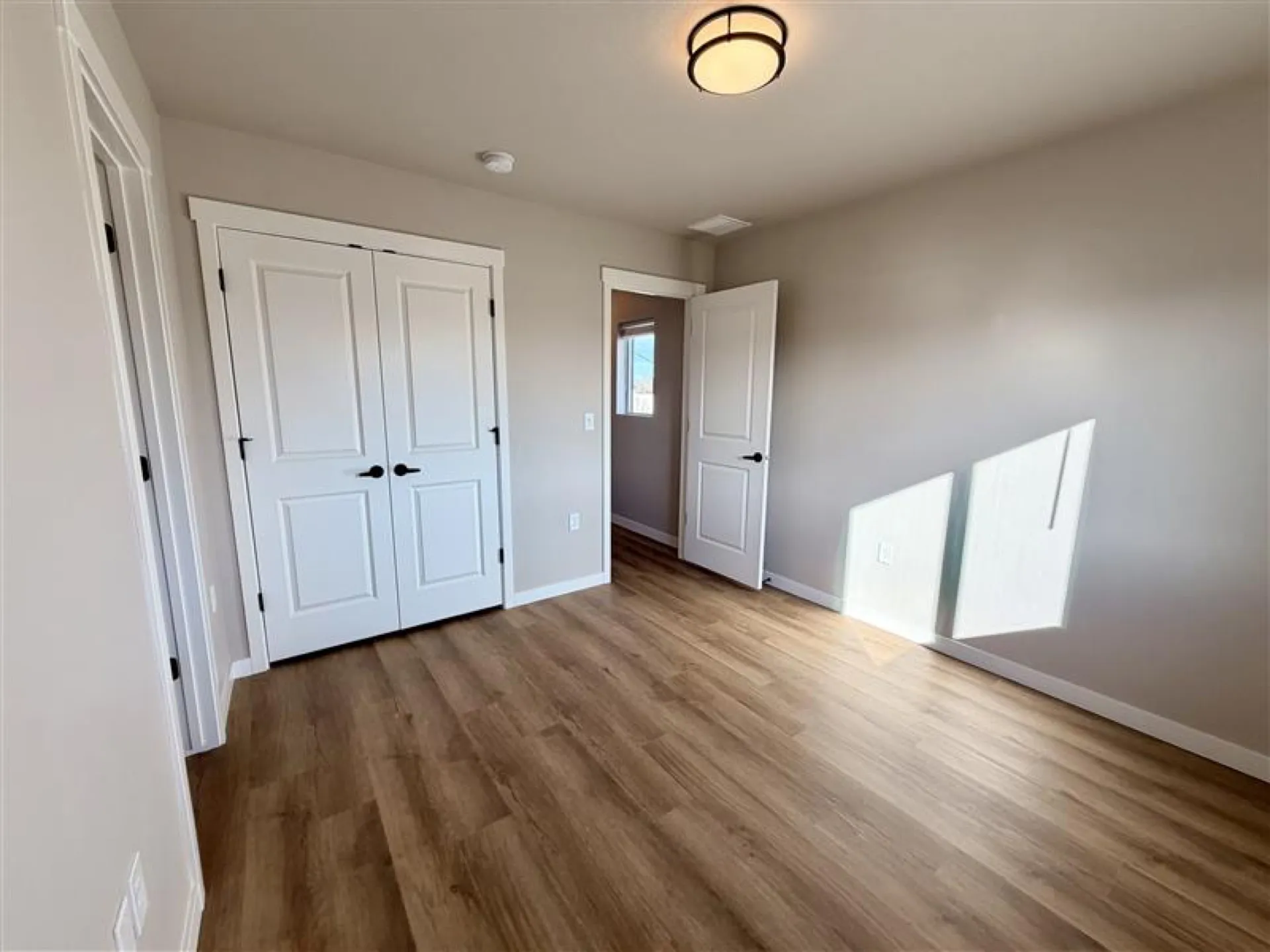 Interior entry and hallway with modern doors and luxury vinyl plank flooring in a Boise townhome